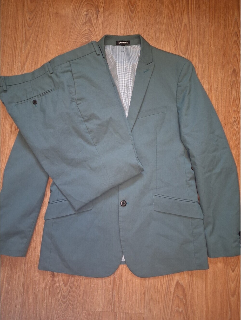 Express 2 Piece Suit Mens 40R 34x30 Green Birdseye Cotton